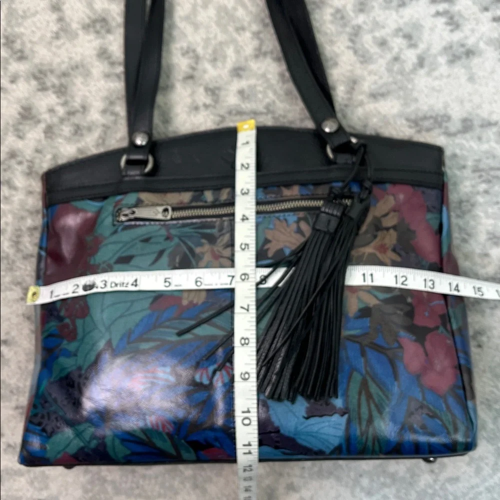 PATRICIA NASH POPPY TOTE BLACK LEATHER LEAF PATTERN TASSEL 3 COMPARTMENTS - Picture 10 of 17